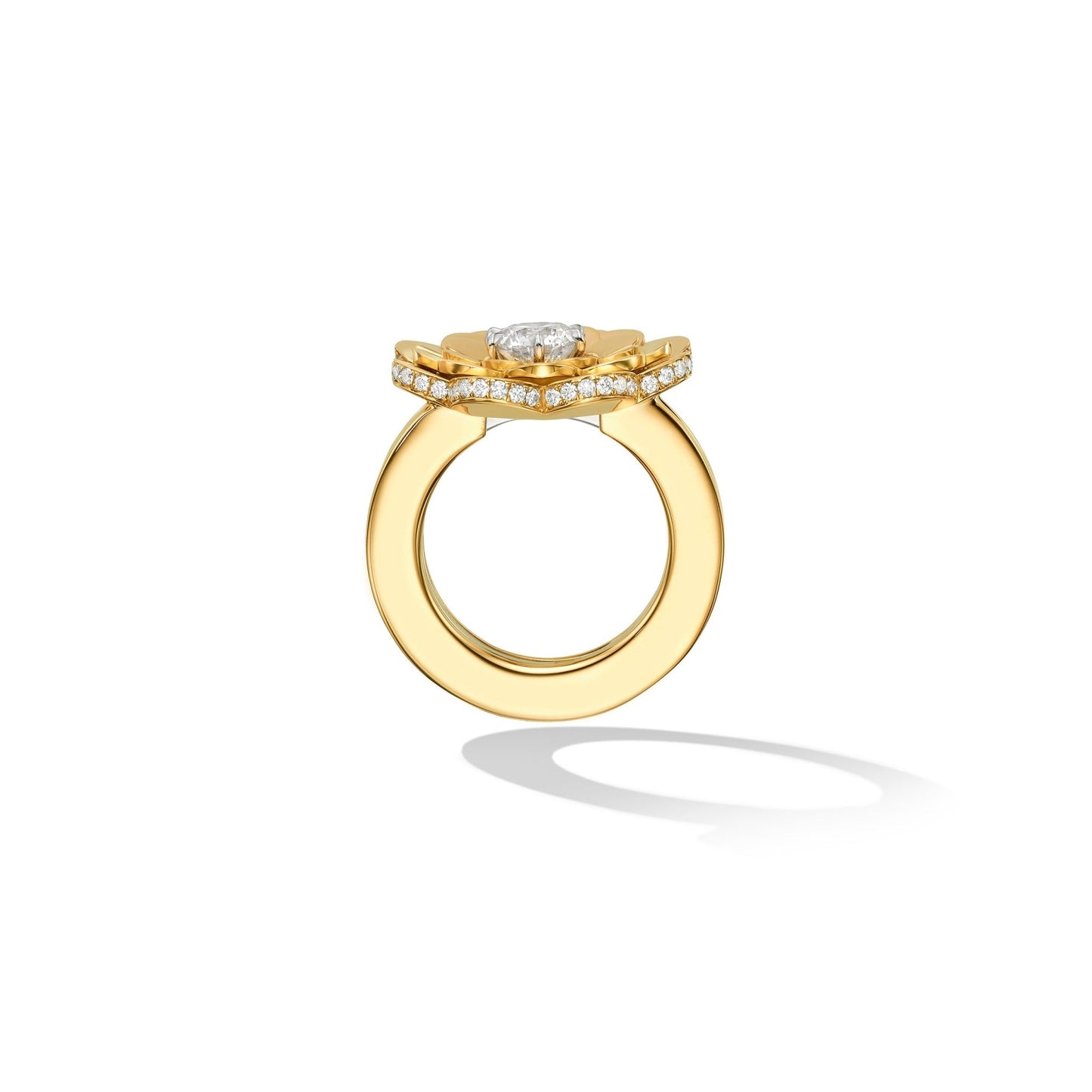 Yellow Gold TU Trio Flower Engagement Ring Enhancer with White Diamonds - Cadar