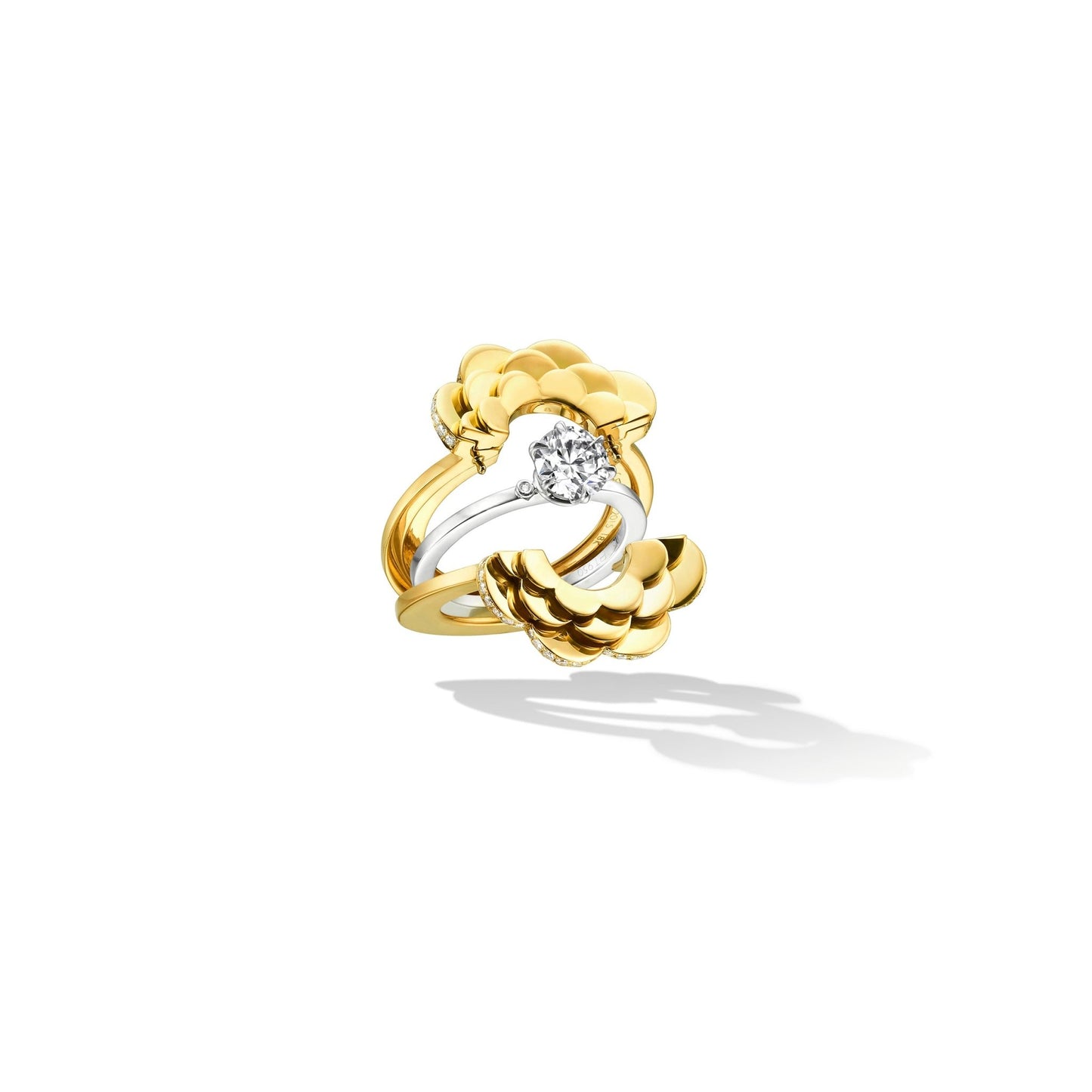 Yellow Gold TU Trio Flower Engagement Ring Enhancer with White Diamonds - Cadar