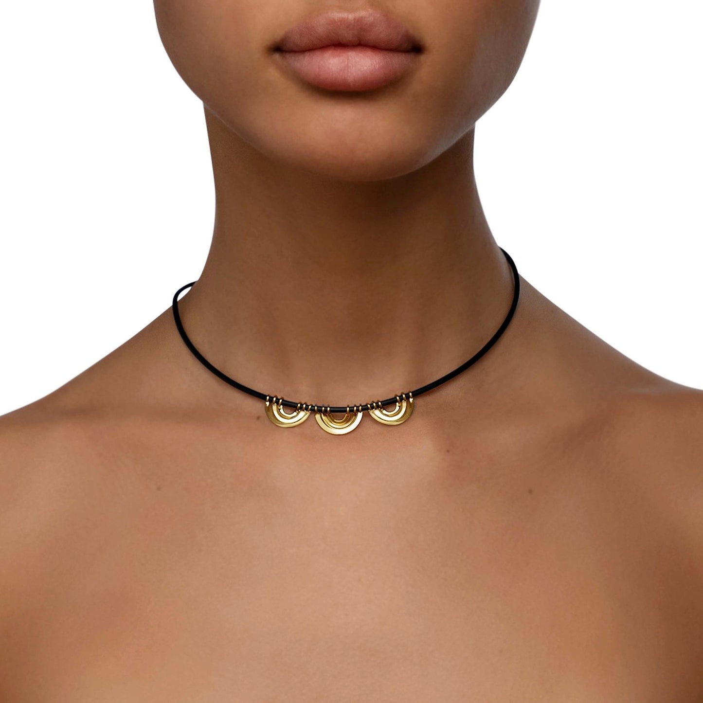 Yellow Gold Water Alternative Necklace with Black Rubber and 3 Wave Beads - Cadar