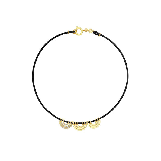 Yellow Gold Water Alternative Necklace with Black Rubber and 3 Wave Beads with Diamonds - Cadar